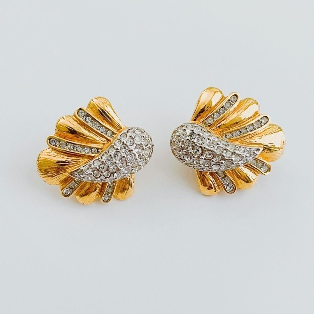 Vintage Christian Dior-Style Gold Tone Rhinestone Clip-On Earrings - Picture 10 of 15
